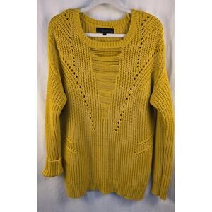 Rachel Roy Women's Medium Cable Knit Sweater Mustard Yellow Crew Neck Pullover